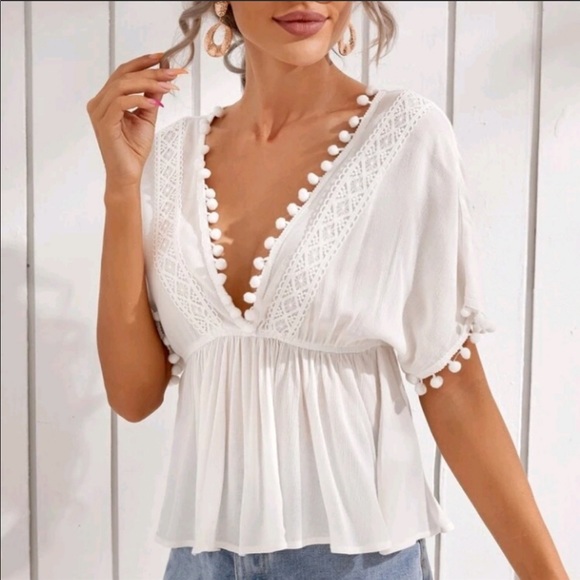 SHEIN Tops - PomPom-trimmed Peplum Top